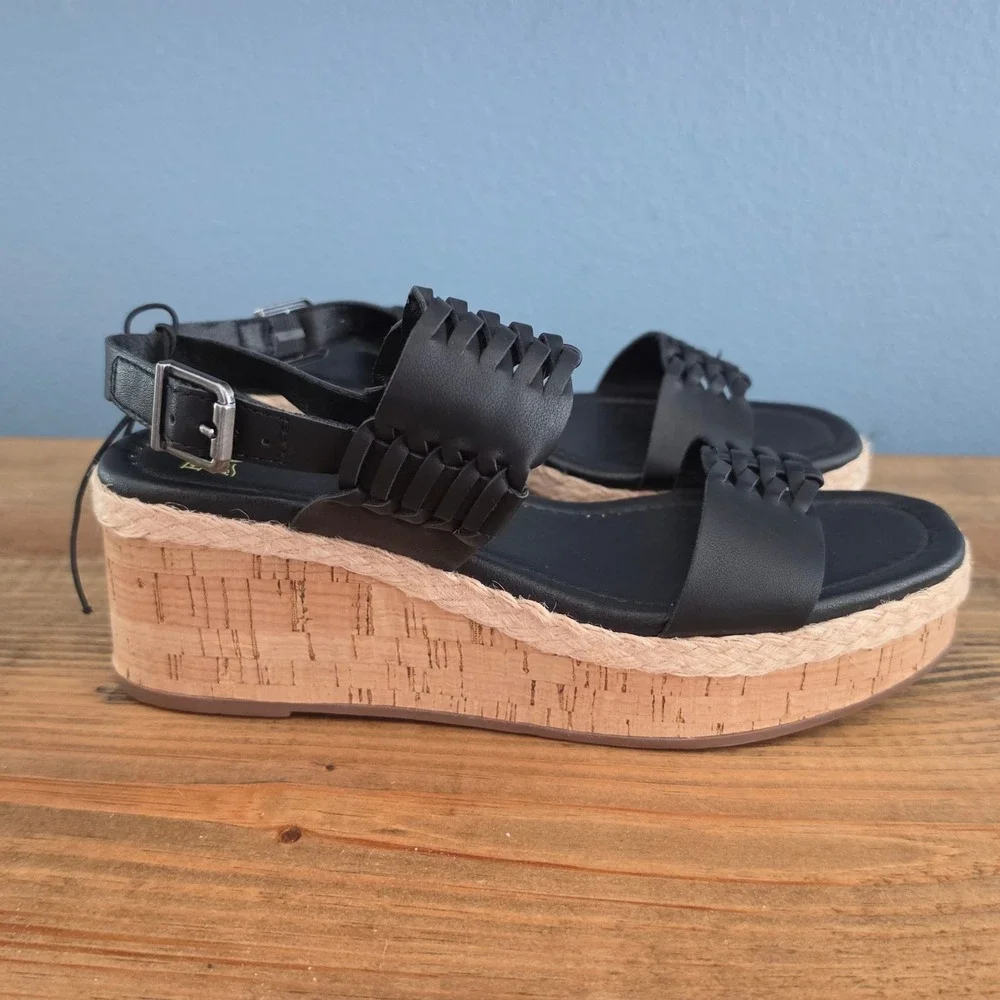 Frye and Co Womens Lavish Wedge Sandals Black Woven Platform Cork 6M
